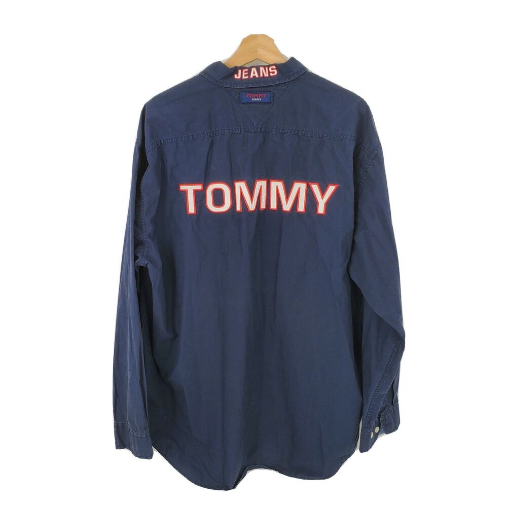 Vintage Tommy Hilfiger Jeans Button Front Shirt Embroidered Navy Blue Size XL
